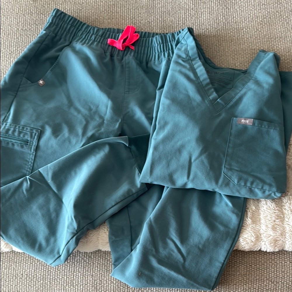 Figs Teal Track Pants & Top with Pink Drawstring